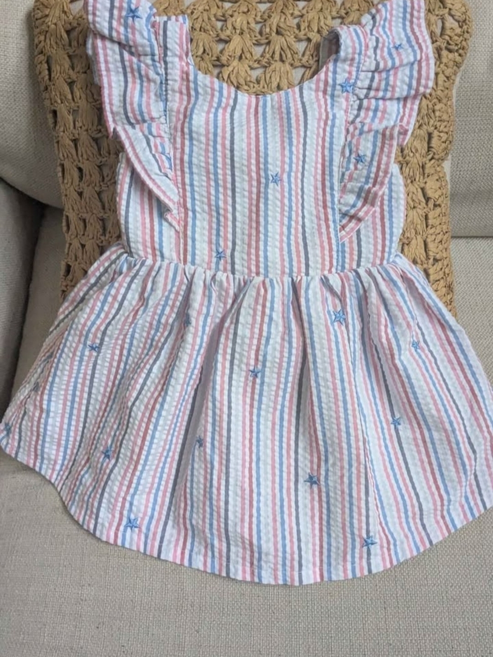 Cat & Jack Pink, Blue and White Striped Ruffle Dress with Star Embroidery